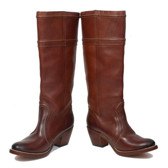 Frye Jane White Stitch Leather Heeled Boots Size 8 - Picture 3 of 12